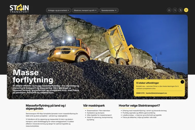 Steintransport AS er maskinentrepenør og totalleverandør innen grunnarbeid, sprenging, masseforflytning og steintransport i ditt nærmiljø.